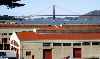 View of Fort Mason with Golden Gate Bridge in the background.